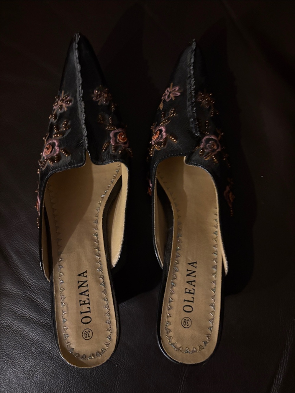 Oleana Black Embroidered Pointed Mule
